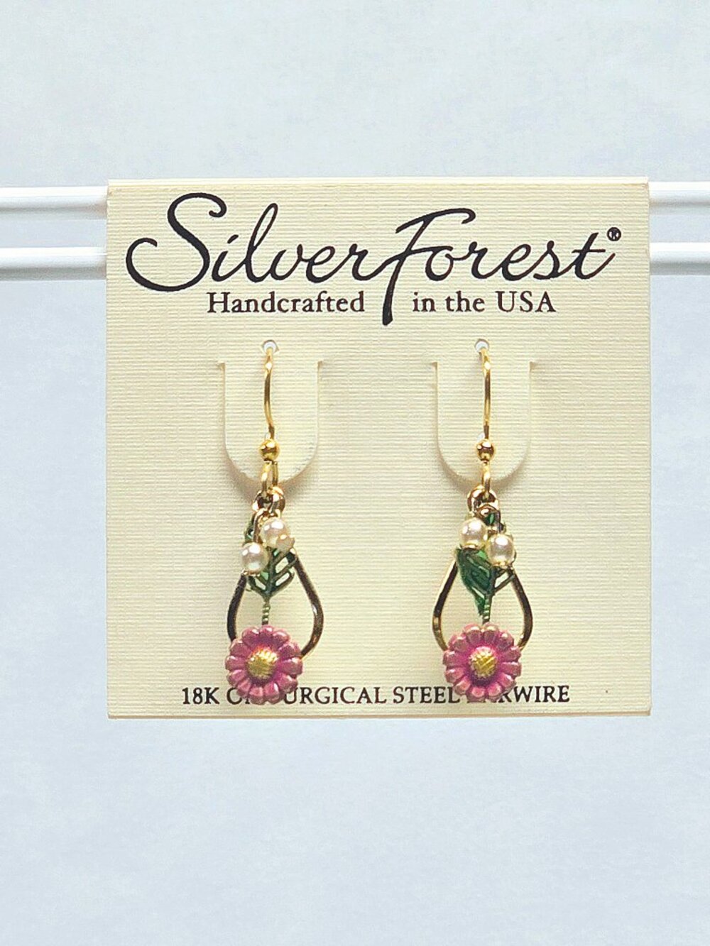 Silver Forest Pink Flower and Leaf in Open Tear Earrings